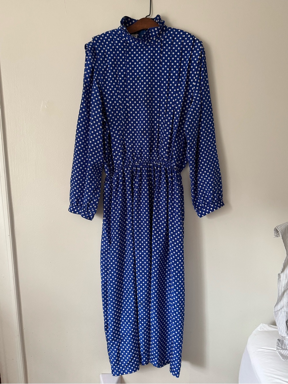 Vintage 1970s 80s Blue Polka Dot Jacquard Long Sleeve Midi Dress.